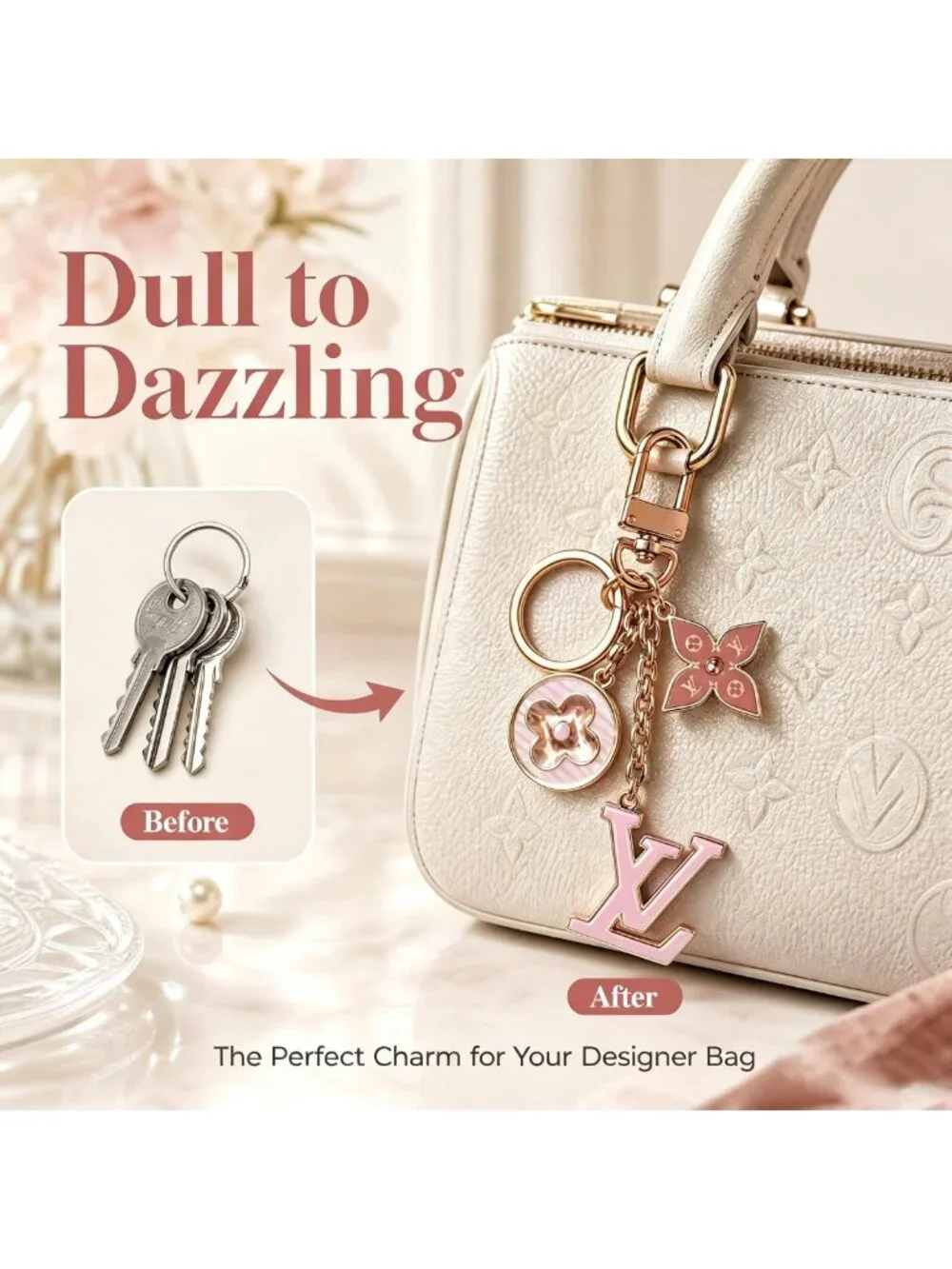 Chic Luxury Bag Accessories & Keychains - Gold Metal, Pink Enamel, Floral Design